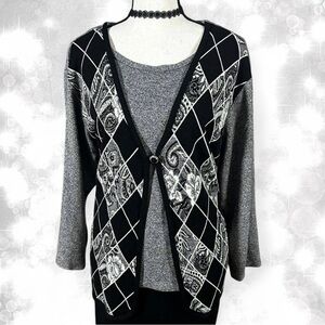 Dark Academia Black and Gray Women's Argyle Sweater